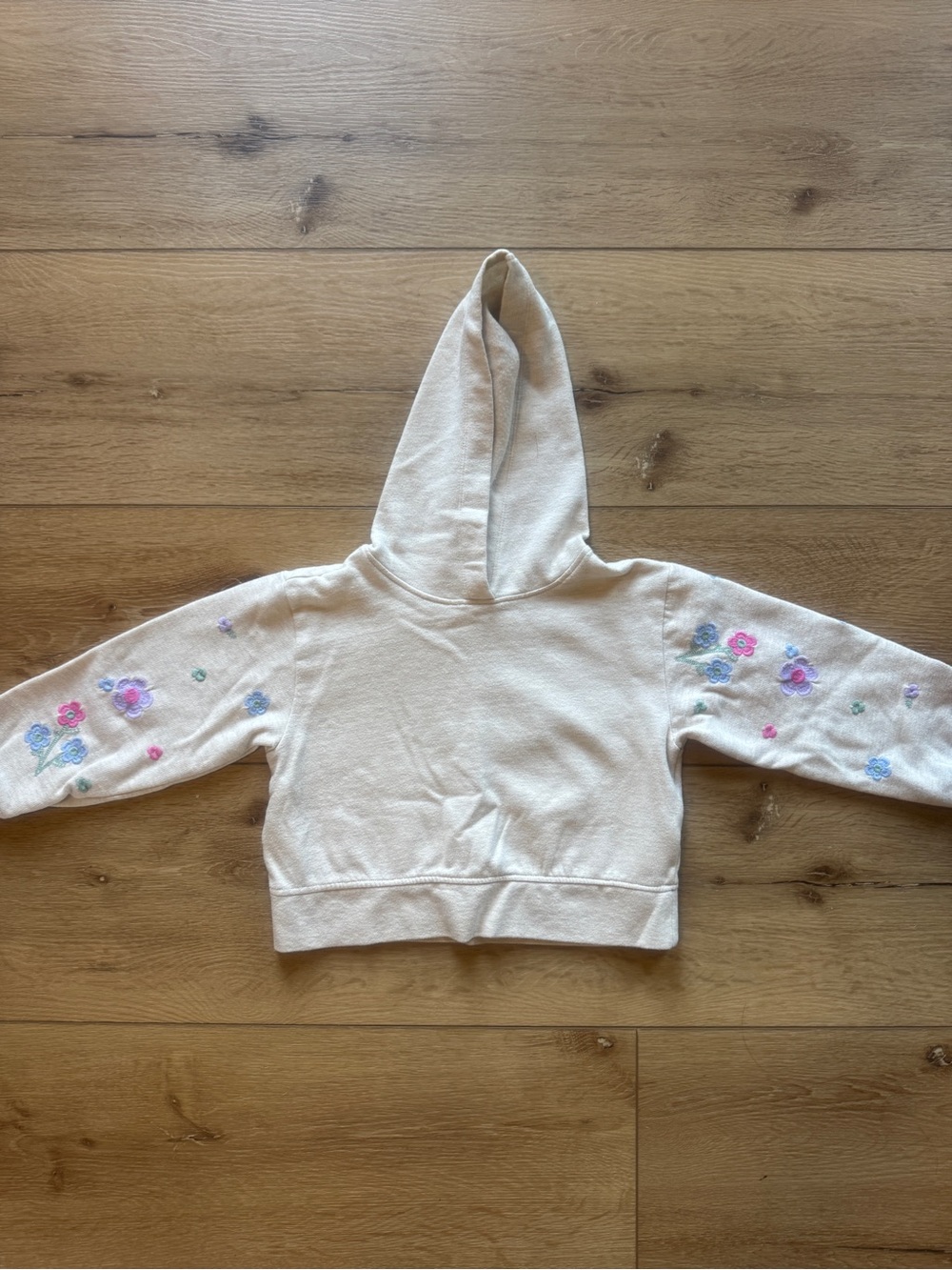 Crewcuts Cream Hoodie with Pastel Floral Sleeve Embroidery